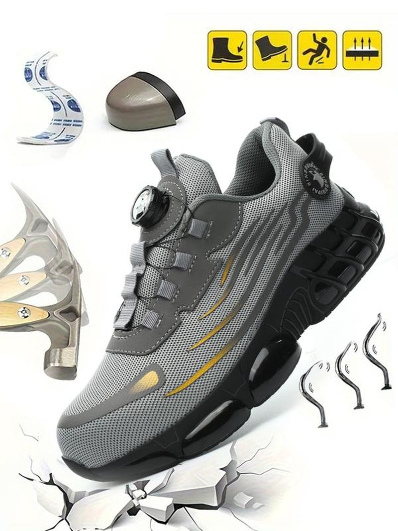 Men'S Lace up Low Top anti Piercing & anti Smashing Work Safety Sneakers with Rotating Button, Casual Comfortable Breathable Contrast Mesh Work Shoes, Contrast Mesh Design Anti-Slip Shoes for Outdoor Work, Closed